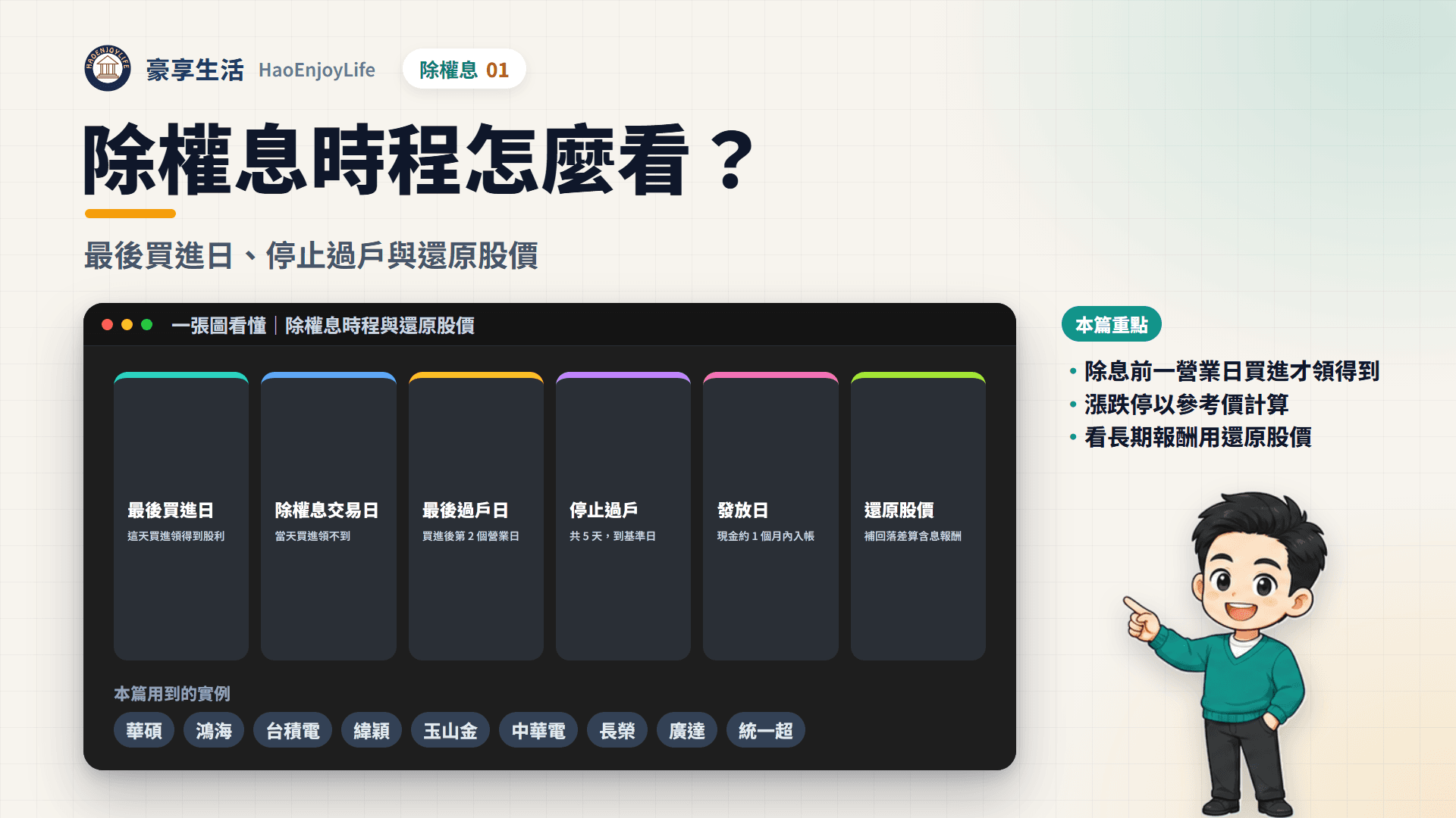 除權息時程與還原股價封面:一張圖看懂最後買進日、除權息交易日、最後過戶日、停止過戶期間、發放日與還原股價