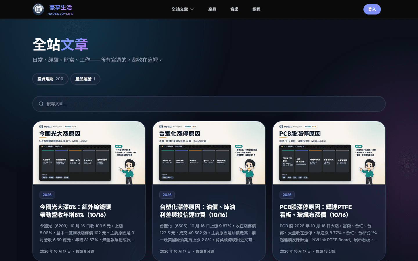 全站文章頁，上方有投資理財與產品運營兩個分類按鈕和搜尋框，下方是附封面、標題、摘要、日期與閱讀時間的文章卡片