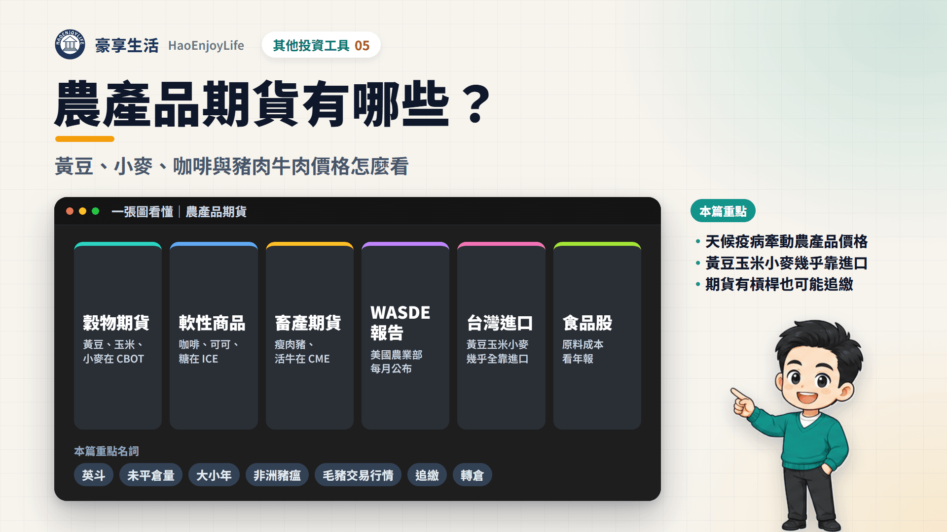 農產品期貨有哪些封面:一張圖看懂穀物、軟性商品、畜產三類期貨、美國農業部 WASDE 報告、台灣進口與食品股原料