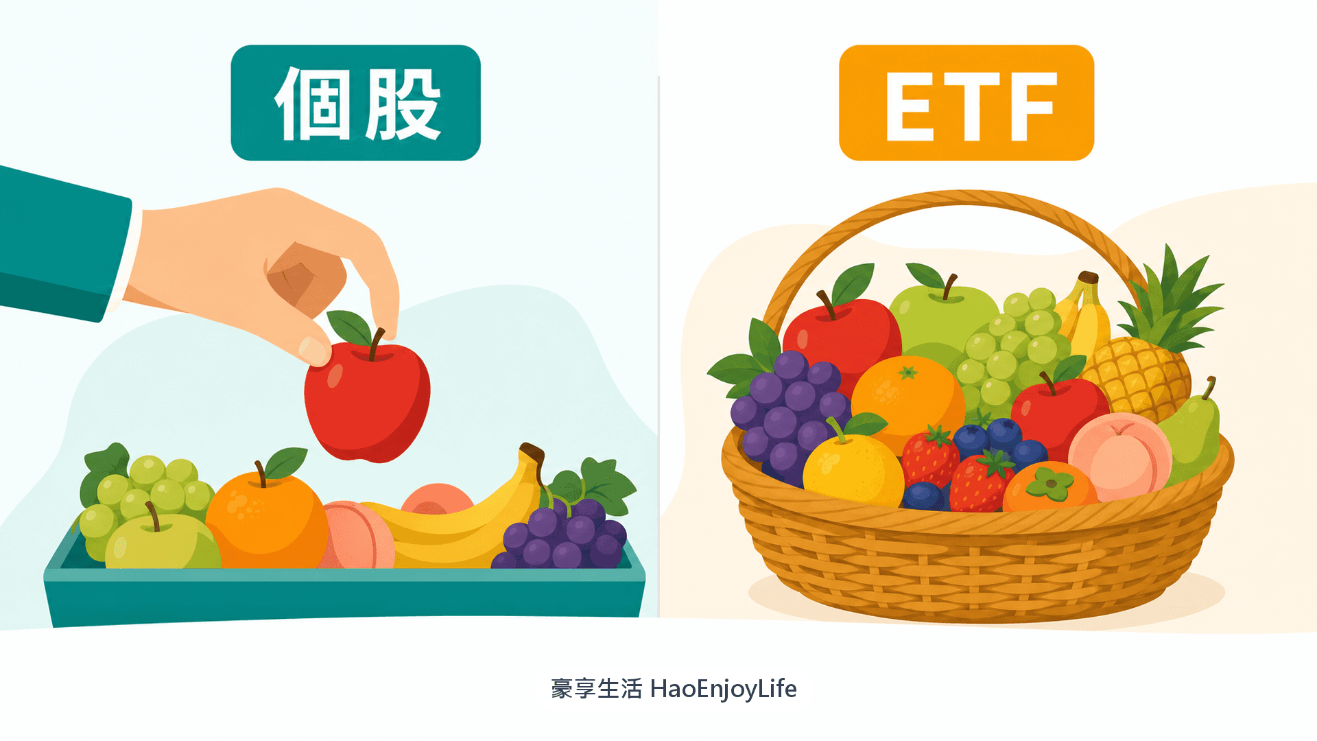 個股與 ETF 對照：左邊一次挑一顆水果代表買個股，右邊一整籃水果代表買 ETF