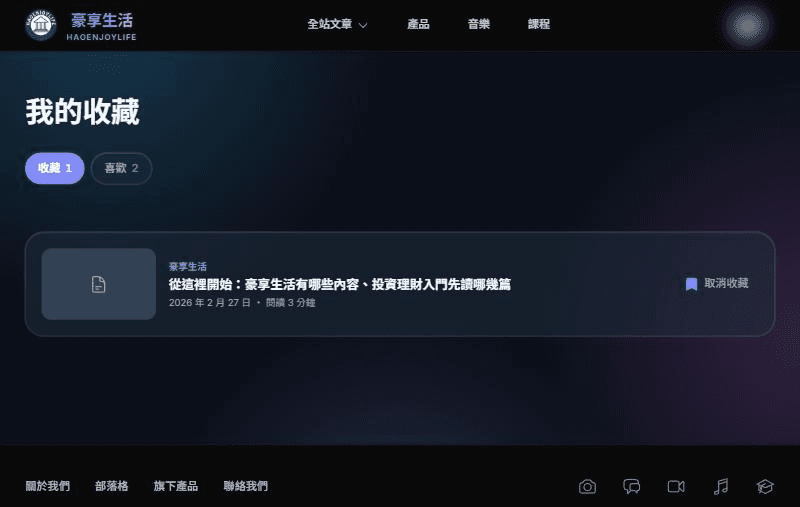 我的收藏頁，上方有收藏與喜歡兩個分頁，下方列出收藏的文章與取消收藏按鈕