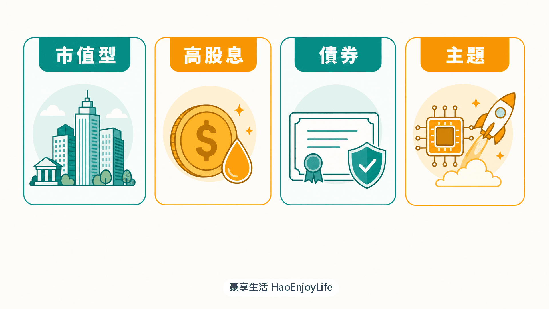 台股常見的 4 種 ETF 類型：市值型、高股息、債券、主題