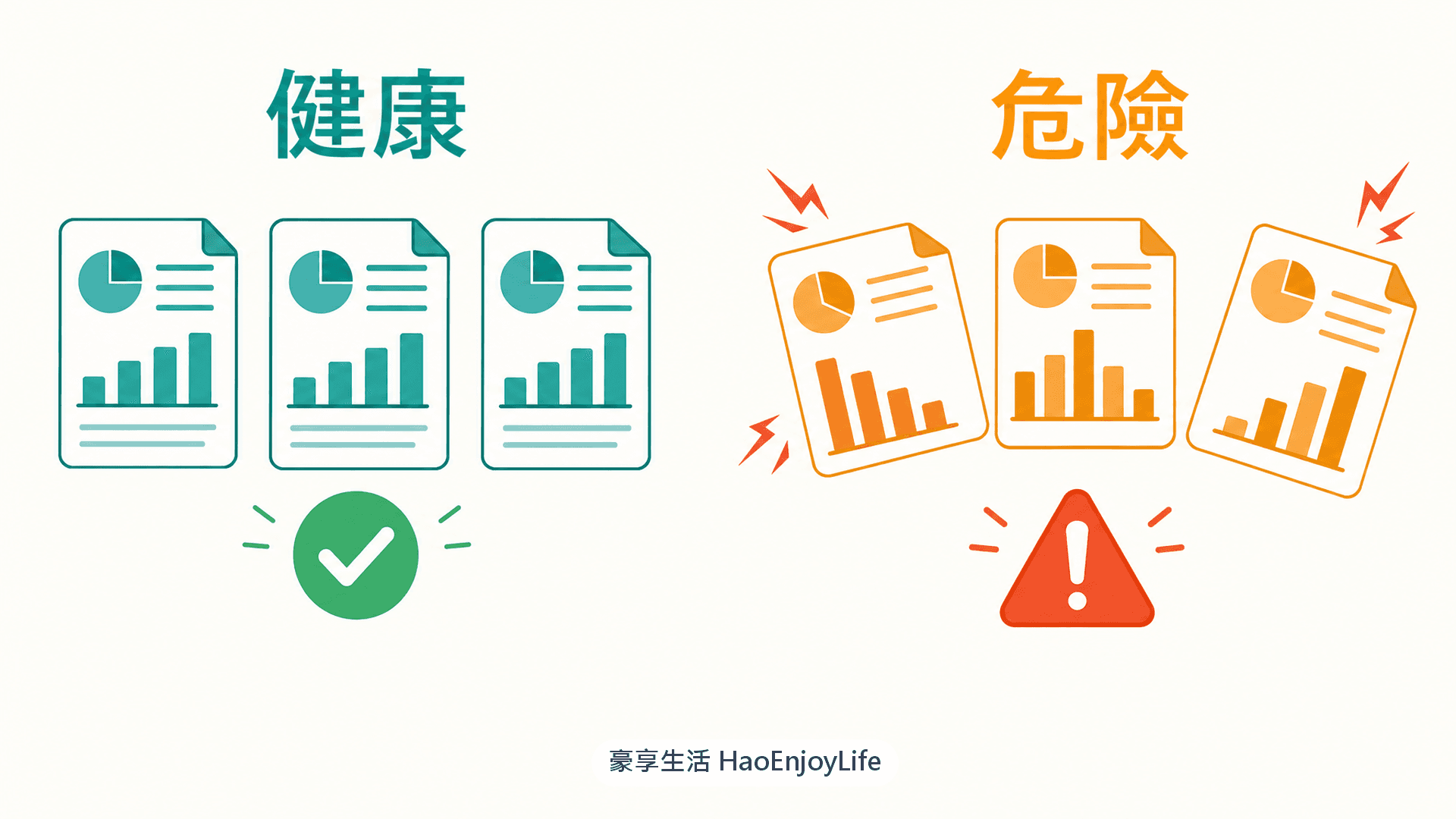 健康公司三表方向一致、危險公司三表互相矛盾的對比圖