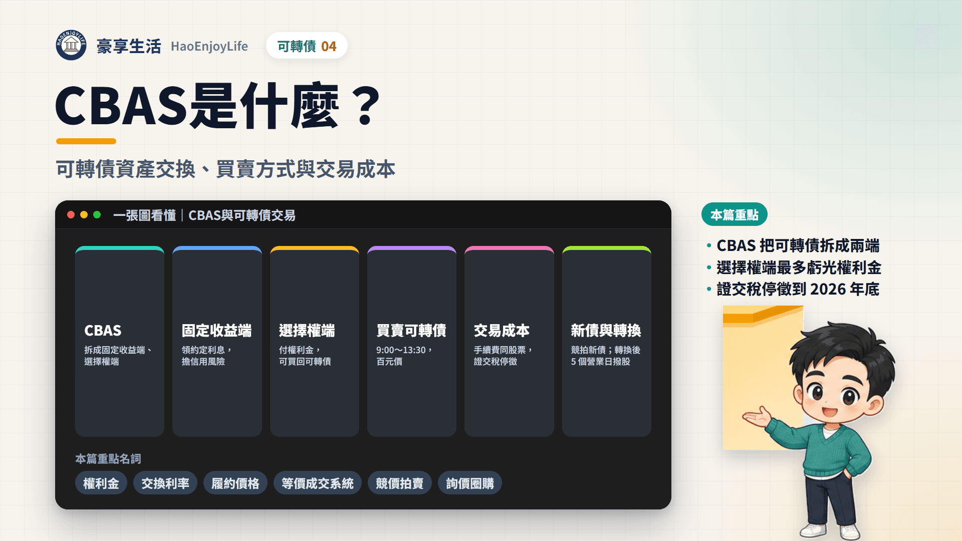 CBAS與可轉債交易封面:CBAS 把可轉債拆成固定收益端和選擇權端,一般投資人也可以用證券帳戶買賣可轉債,手續費比照上櫃股票,證交稅停徵到 2026 年底