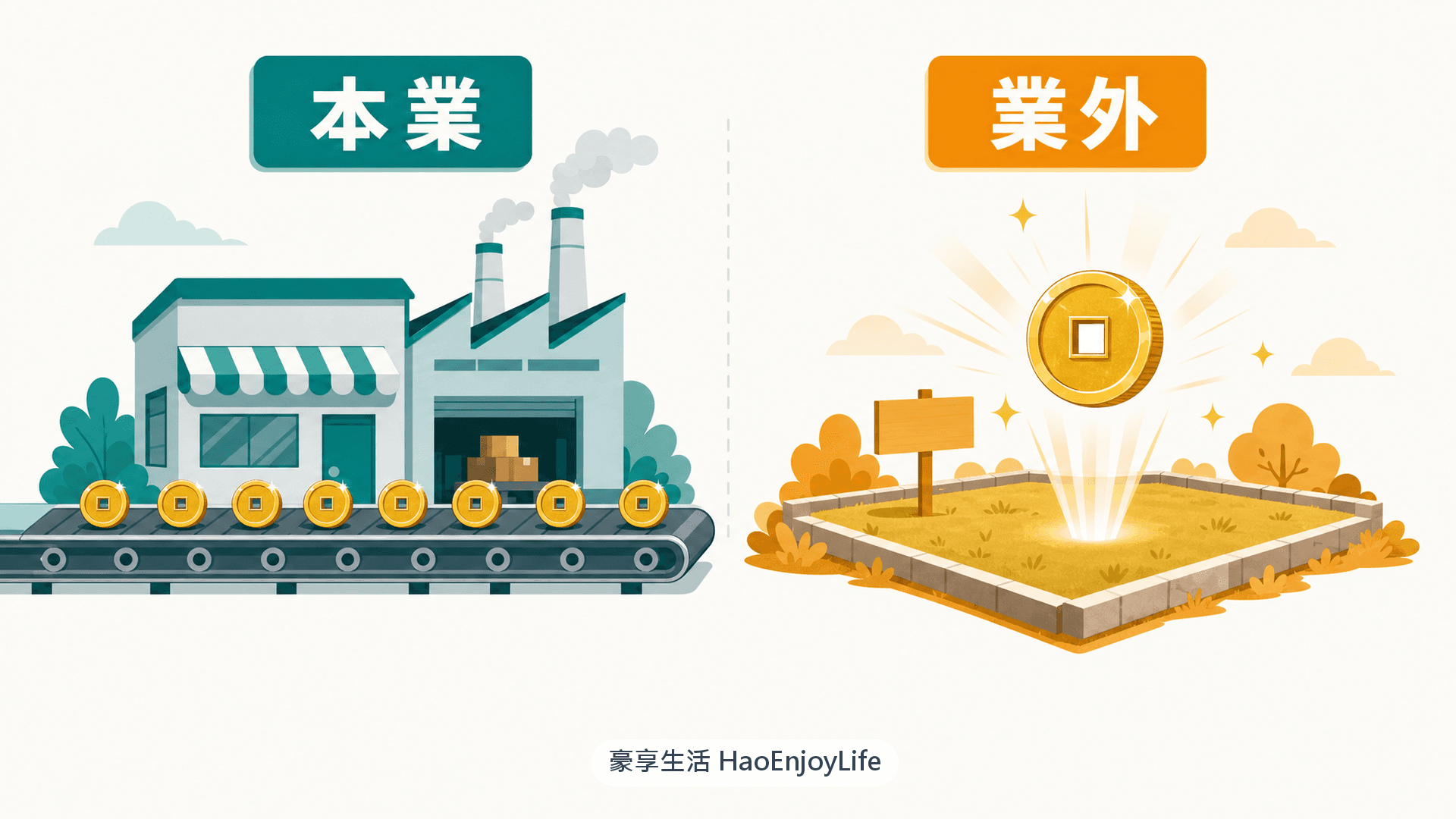本業與業外對比圖:本業像工廠輸送帶上持續產出的金幣,業外像空地上一次性出現的金幣