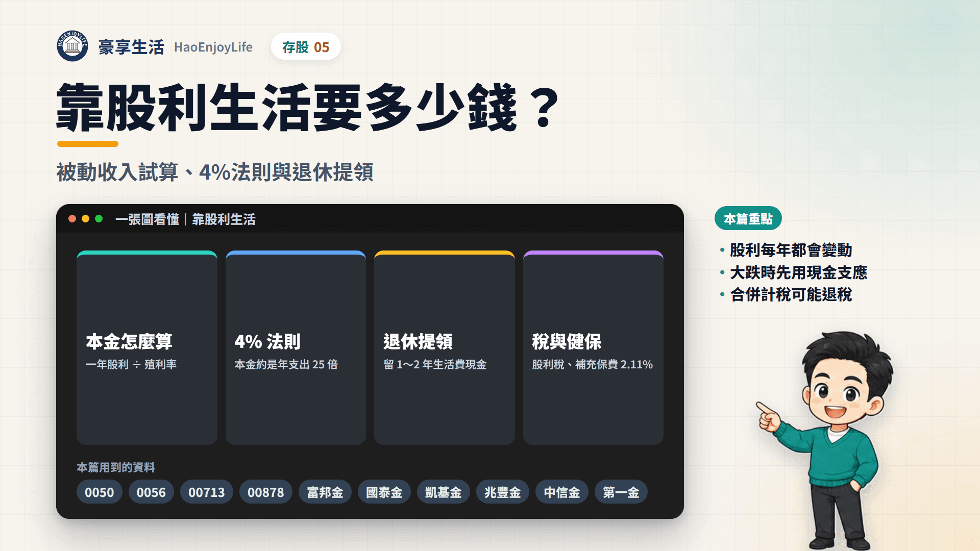 靠股利生活要多少錢封面:一張圖看懂本金算法、4% 法則、退休提領與股利的稅和補充保費