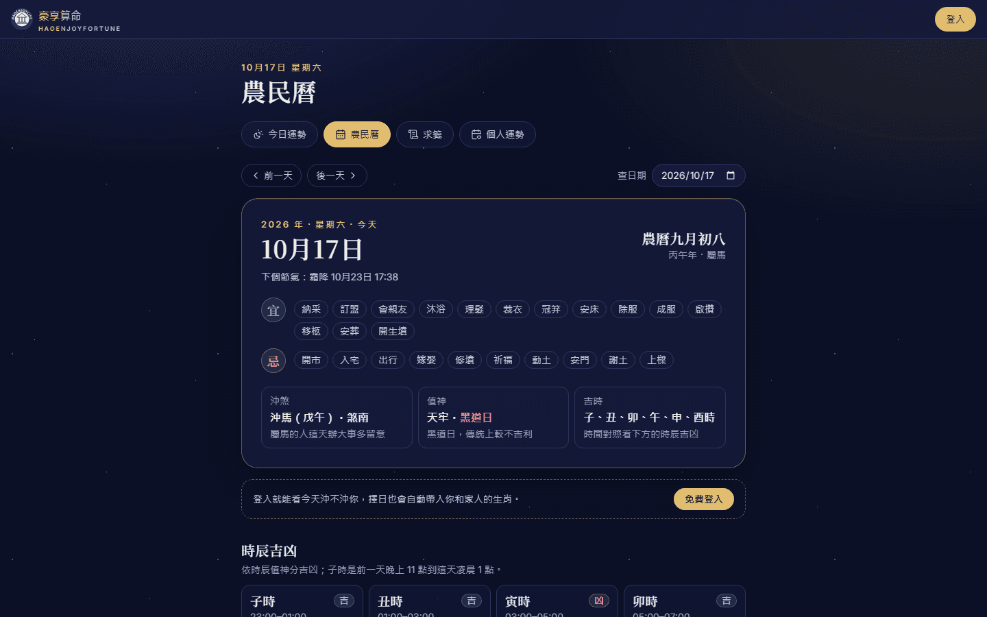 農民曆頁：國曆與農曆日期、下個節氣、宜忌標籤、沖煞、值神與吉時，下方是時辰吉凶