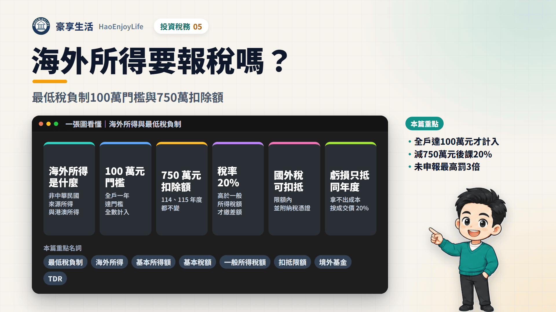 海外所得要報稅嗎封面:海外所得是非中華民國來源與港澳所得、全戶一年達 100 萬元全數計入基本所得額、減 750 萬元後按 20% 計算、國外已繳的稅在限額內扣抵、海外虧損只抵同年度、拿不出成本按成交價 20% 計所得