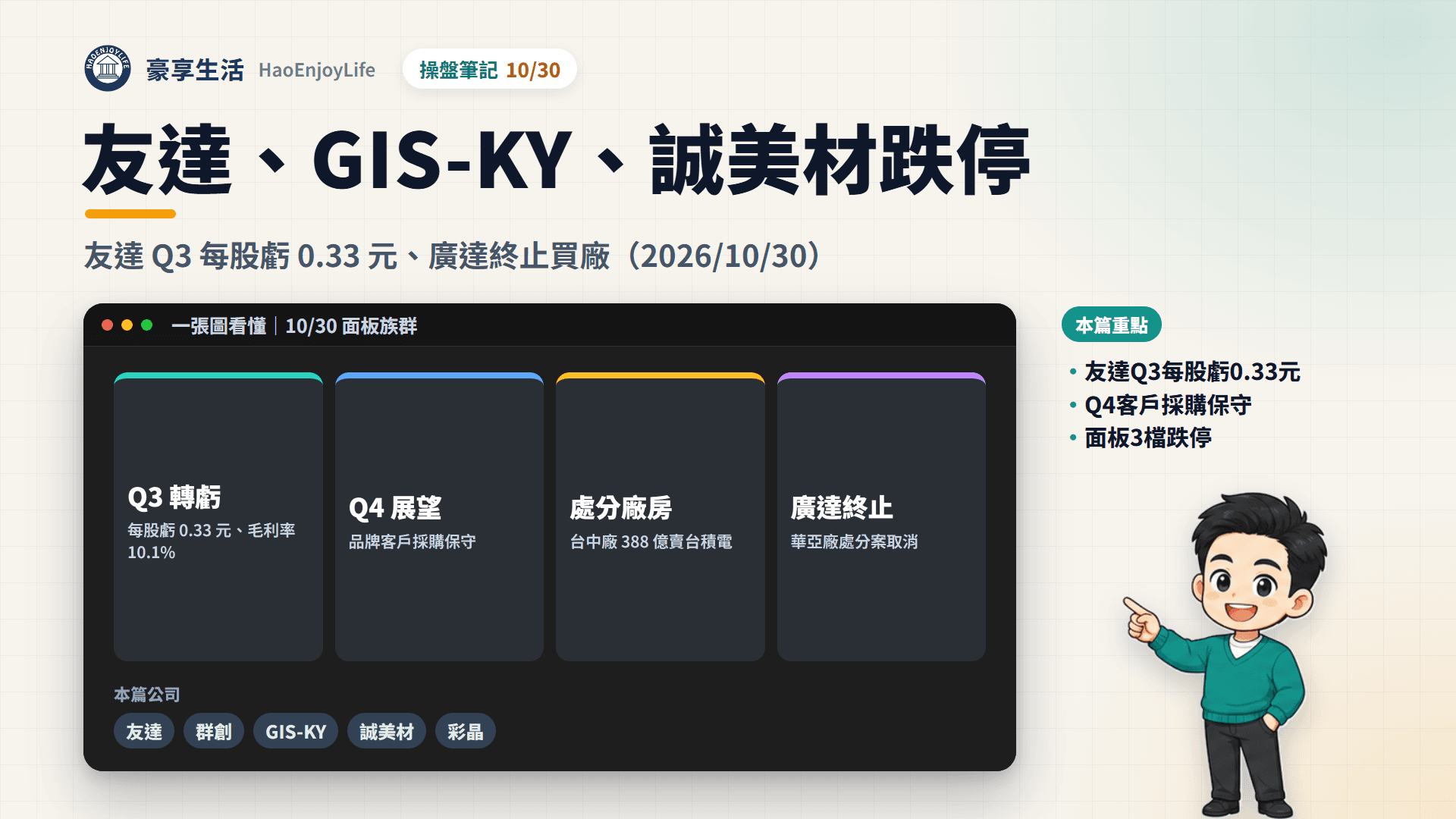 面板族群 10/30 封面：友達第 3 季每股虧 0.33 元、第 4 季客戶採購保守，友達、GIS-KY、誠美材跌停