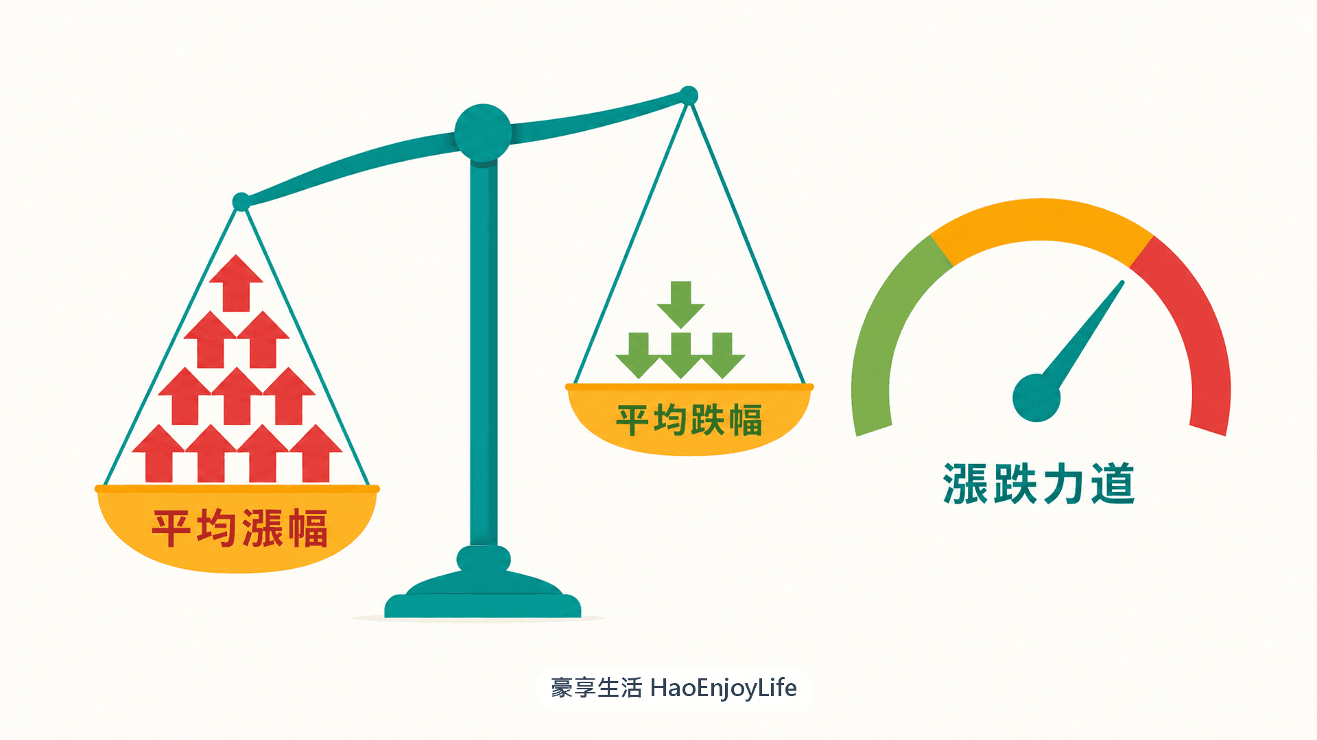 RSI 概念示意:把一段期間的平均漲幅與平均跌幅放上天平,漲幅占比越高,RSI 越高