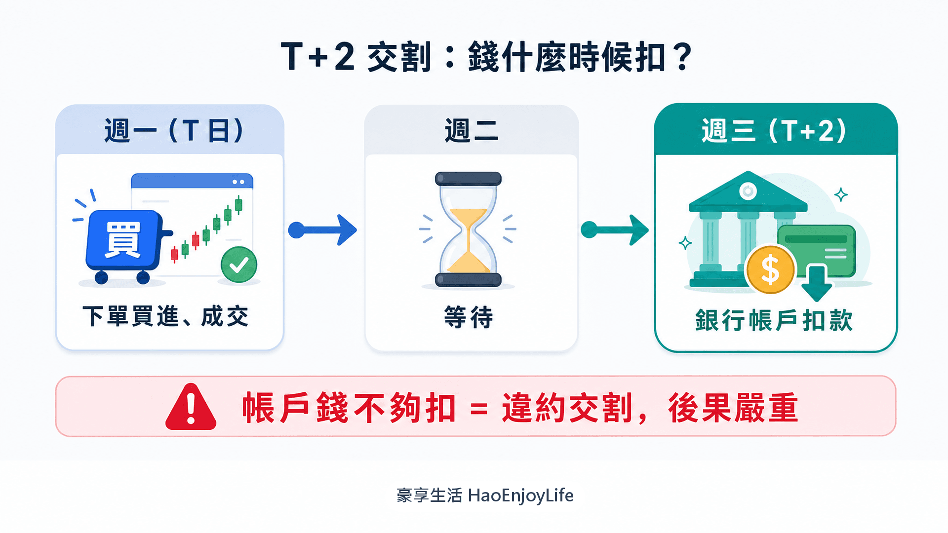 T+2 交割:週一下單買進、週二等待、週三從銀行帳戶扣款,帳戶錢不夠扣就是違約交割