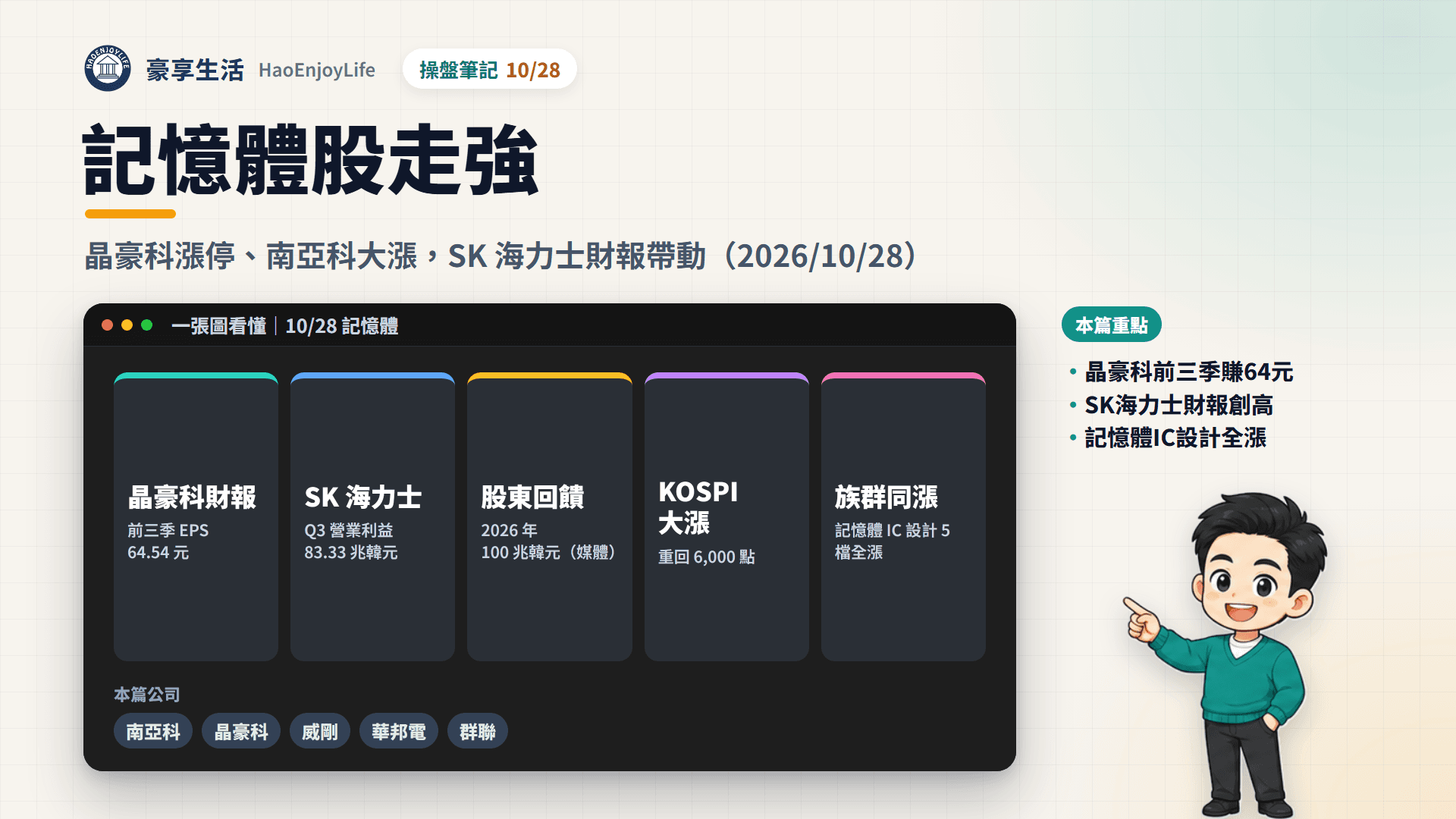 記憶體股 10/28 封面:晶豪科前三季財報公布後漲停,SK 海力士財報與美股記憶體帶動南亞科、威剛、群聯、華邦電