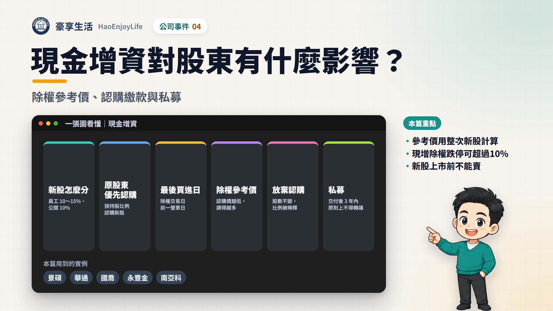現金增資封面:一張圖看懂新股怎麼分、原股東優先認購、最後買進日、除權參考價、放棄認購的稀釋,以及私募交付後 3 年內不得轉讓