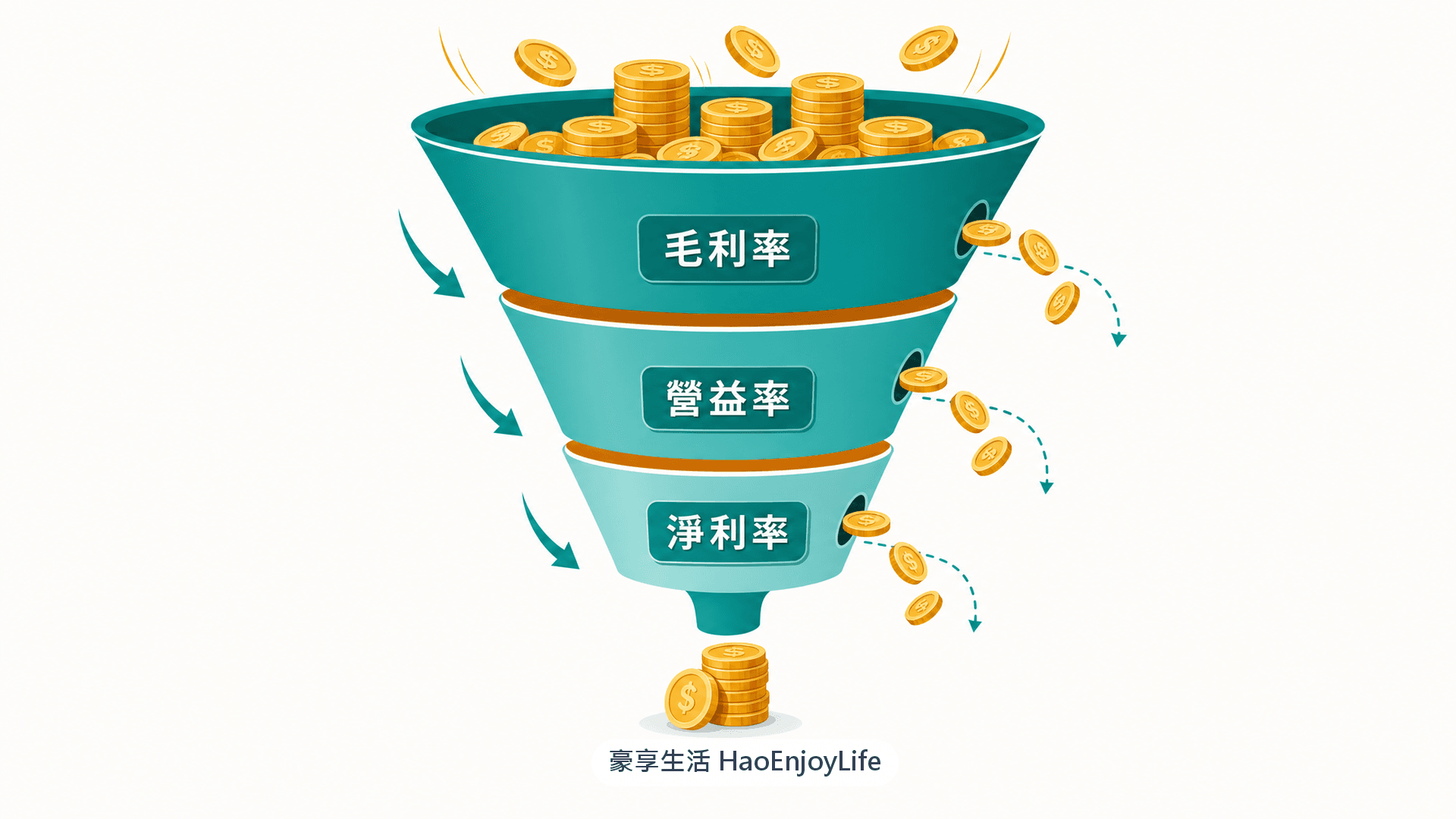 三率漏斗示意圖:營收一層層扣除後,依序得出毛利率、營益率與淨利率