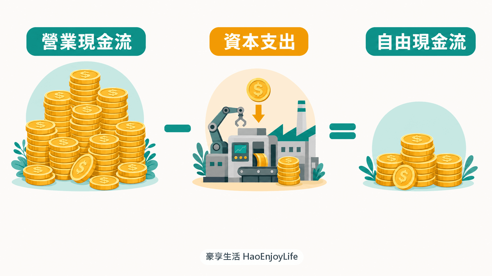 自由現金流公式圖:營業現金流減去資本支出,等於自由現金流
