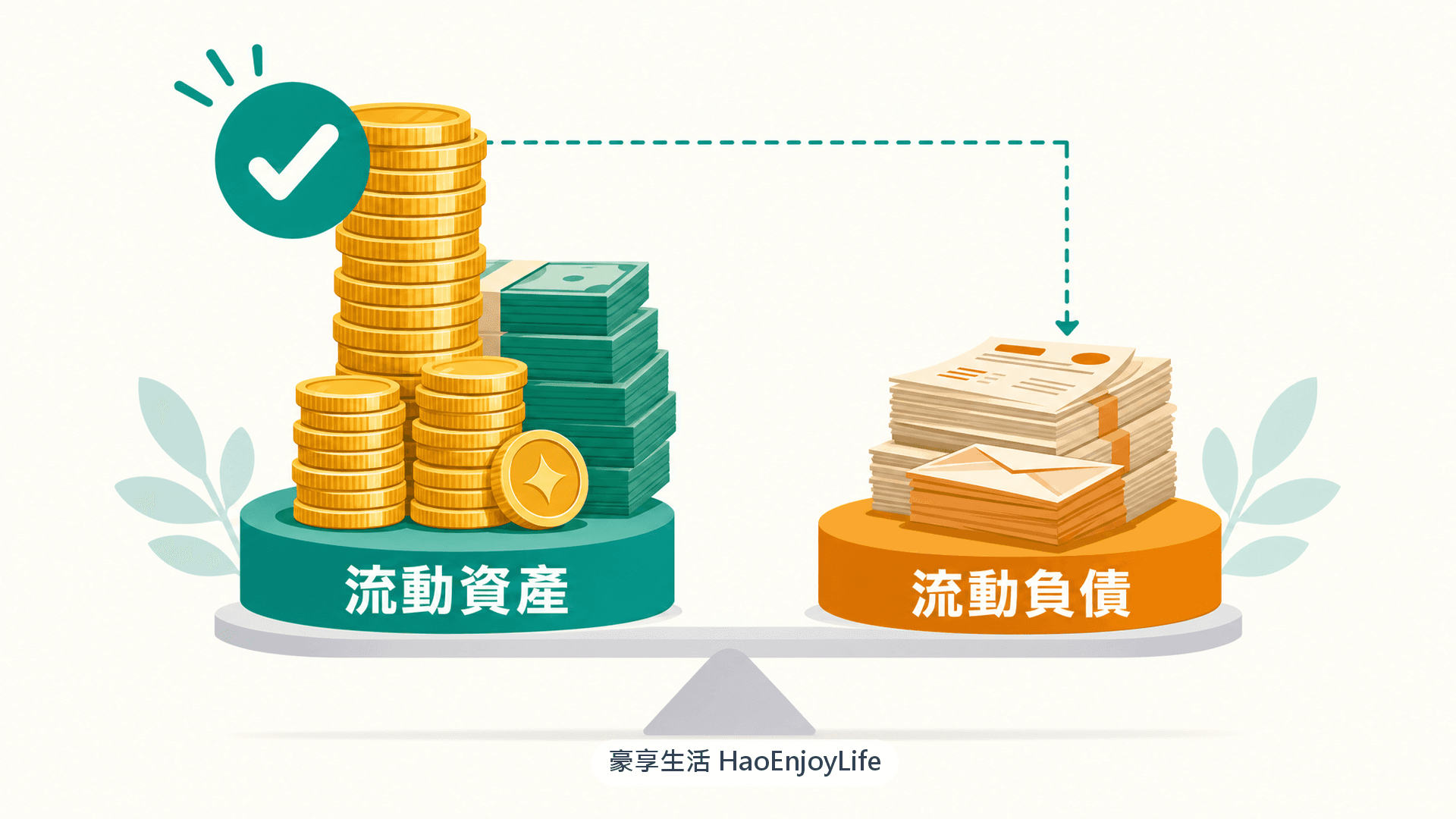 天平示意圖:流動資產的現金與硬幣足以蓋住另一端的流動負債